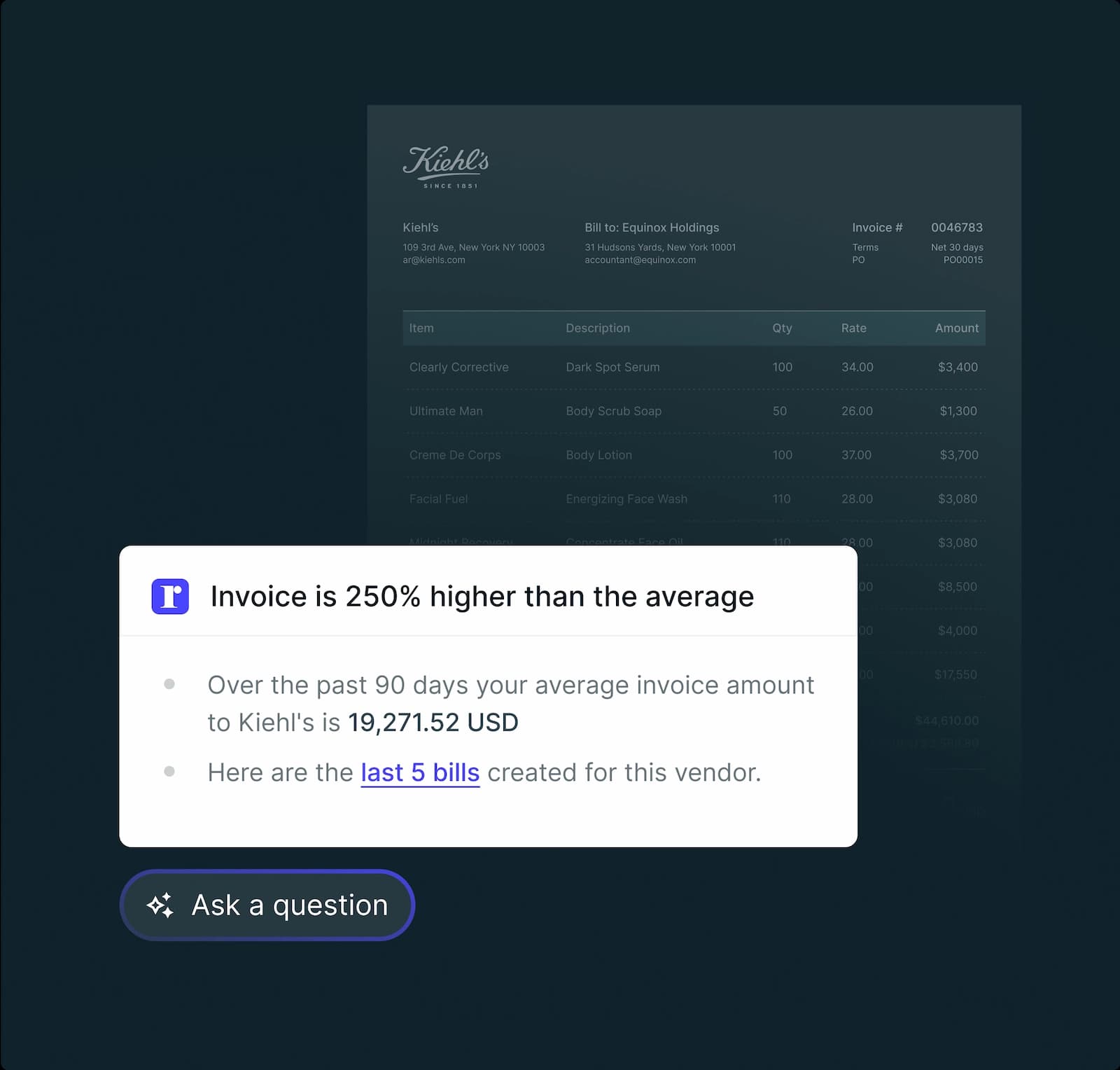 A UI graphic showing a potential warning/anomaly indicating the invoice is higher than average