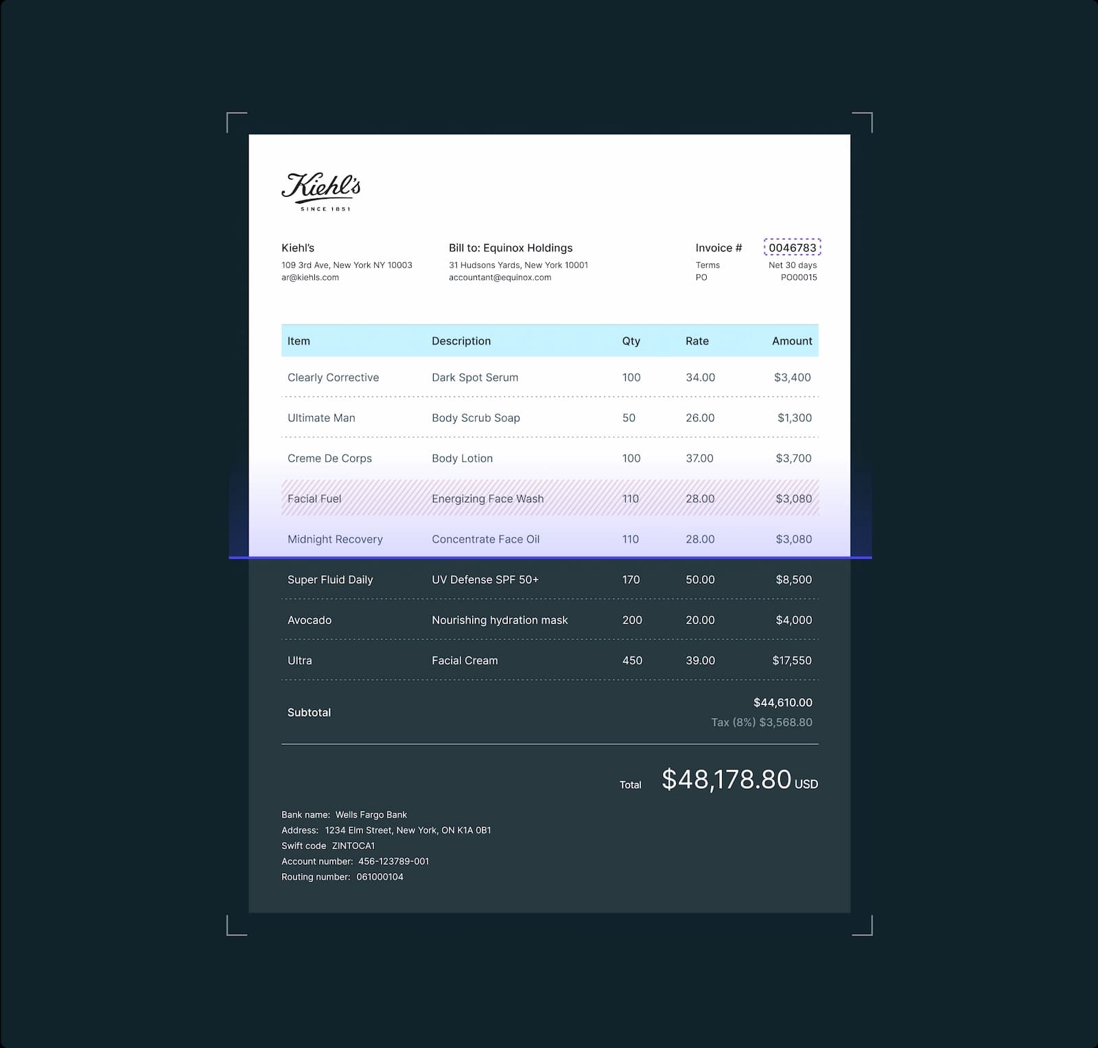 An invoice being scanned for errors, anomalies etc.