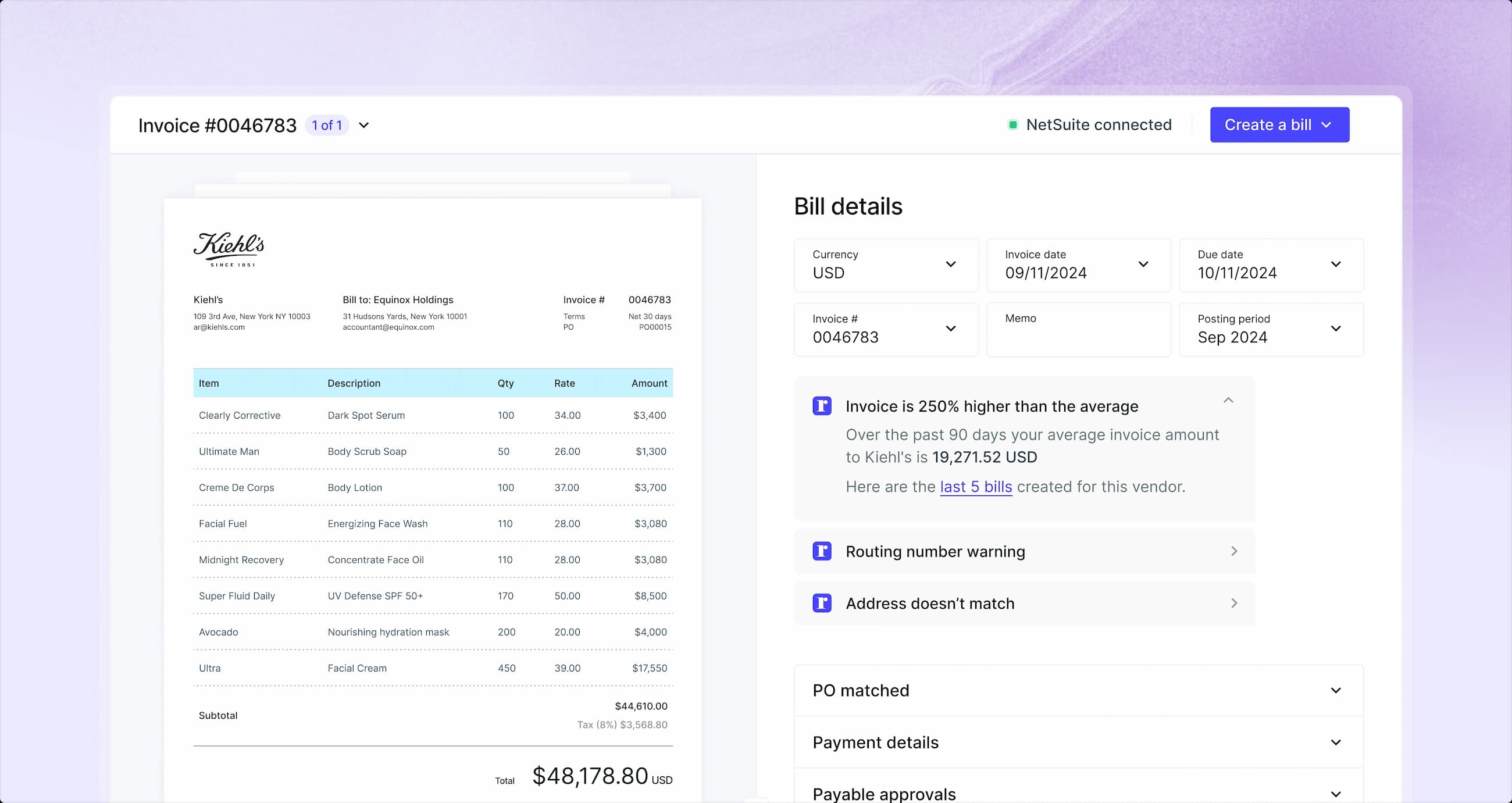 Dashboard showing the bill details of an invoice that had just been analysed using Routable's AI Agent